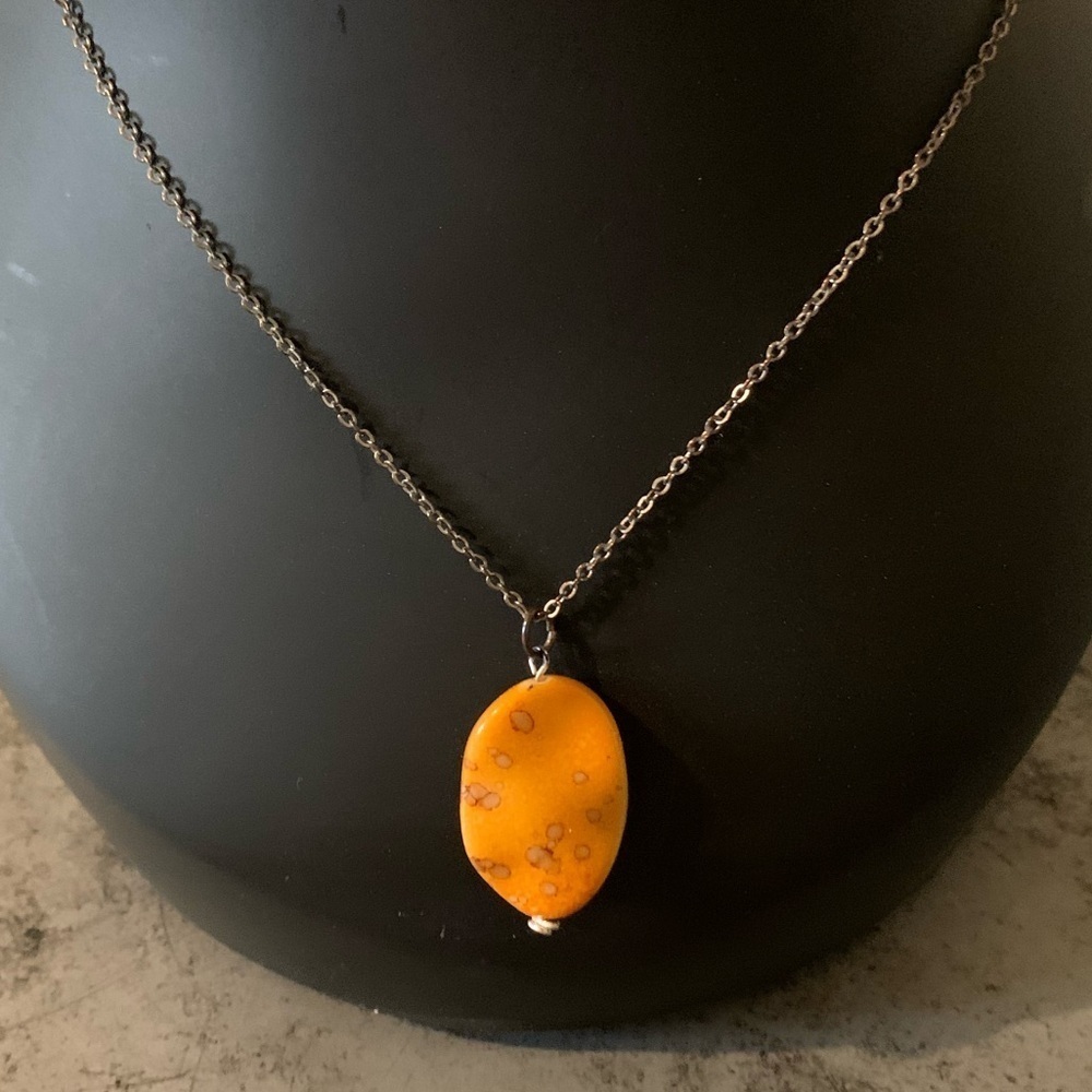 Pendant Necklace Orange Amber Rock with gunmetal chain handmade. 18-21” long